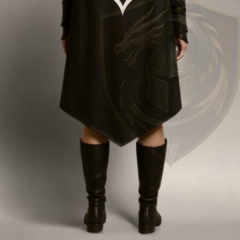 Handcrafted Black Leather Hooded Cloak | Medieval Fantasy Cosplay Cape with White Flame Emblem