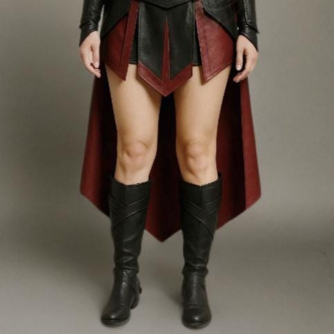 Handcrafted Black Leather Hooded Cloak | Medieval Fantasy Cosplay Cape with White Flame Emblem