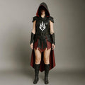 Handcrafted Black Leather Hooded Cloak | Medieval Fantasy Cosplay Cape with White Flame Emblem