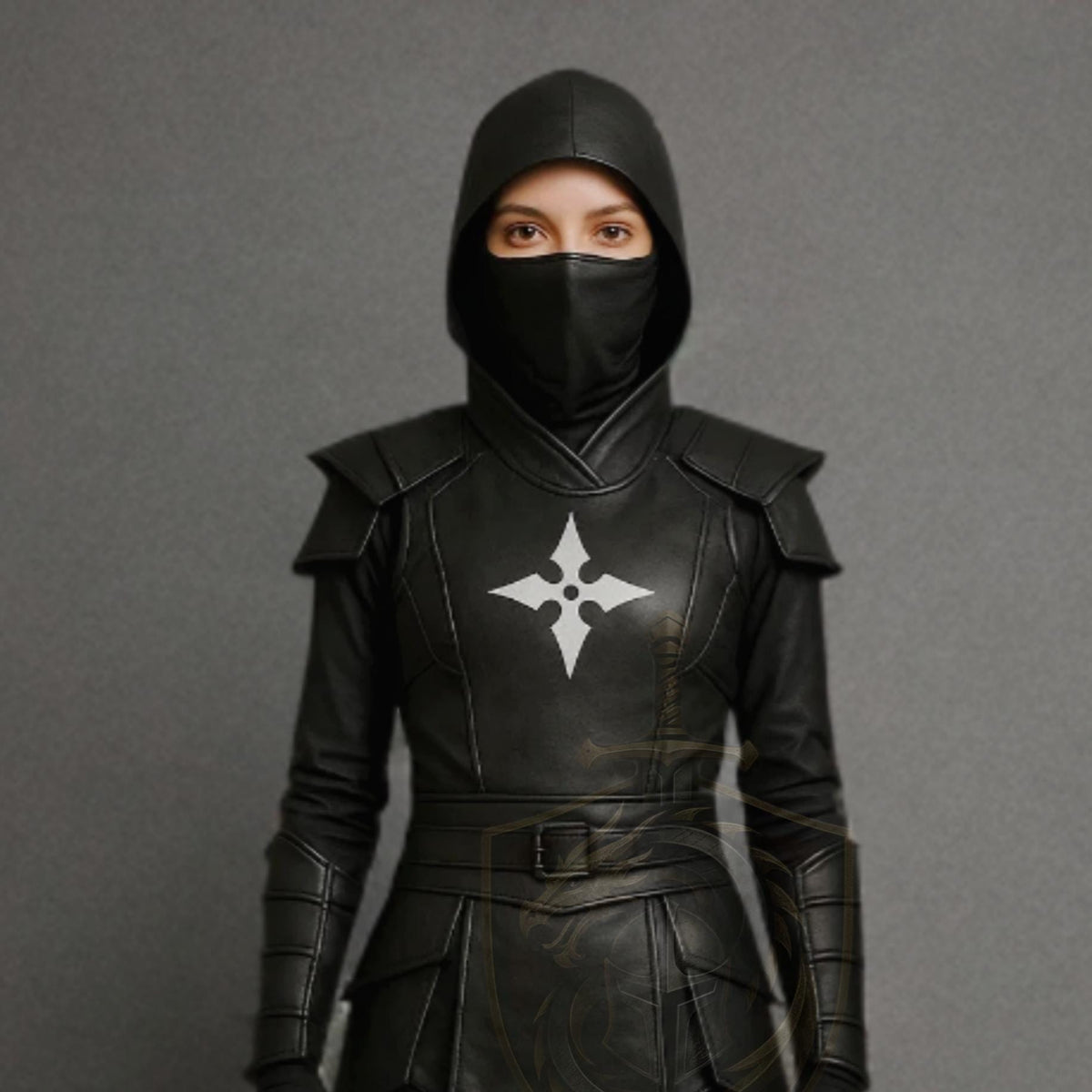 Women's Black Ninja Assassin Leather Cosplay Costume Hooded Samurai Armor Outfit with Shuriken Emblem