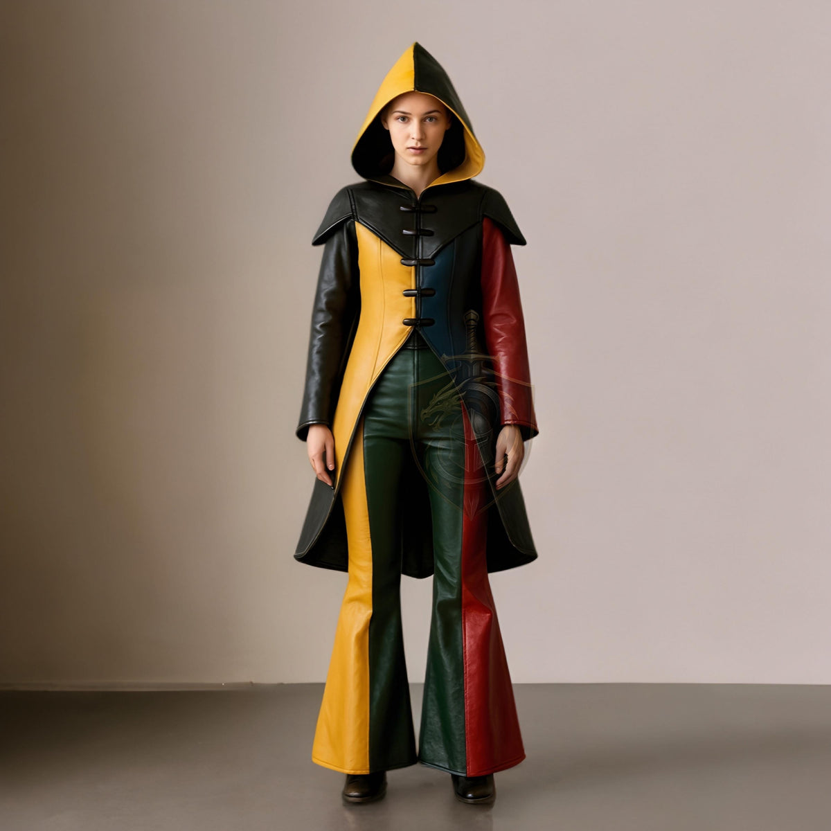 Color Block Leather Halloween Costume | Hooded Jacket & Flared Pants Cosplay Set | Handmade