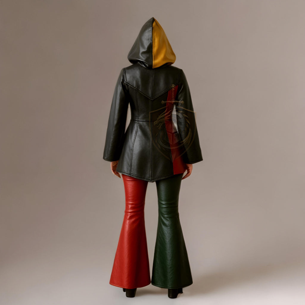 Color Block Leather Halloween Costume | Hooded Jacket & Flared Pants Cosplay Set | Handmade