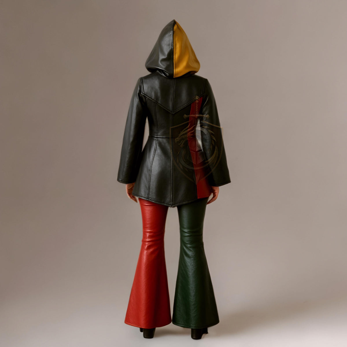 Color Block Leather Halloween Costume | Hooded Jacket & Flared Pants Cosplay Set | Handmade