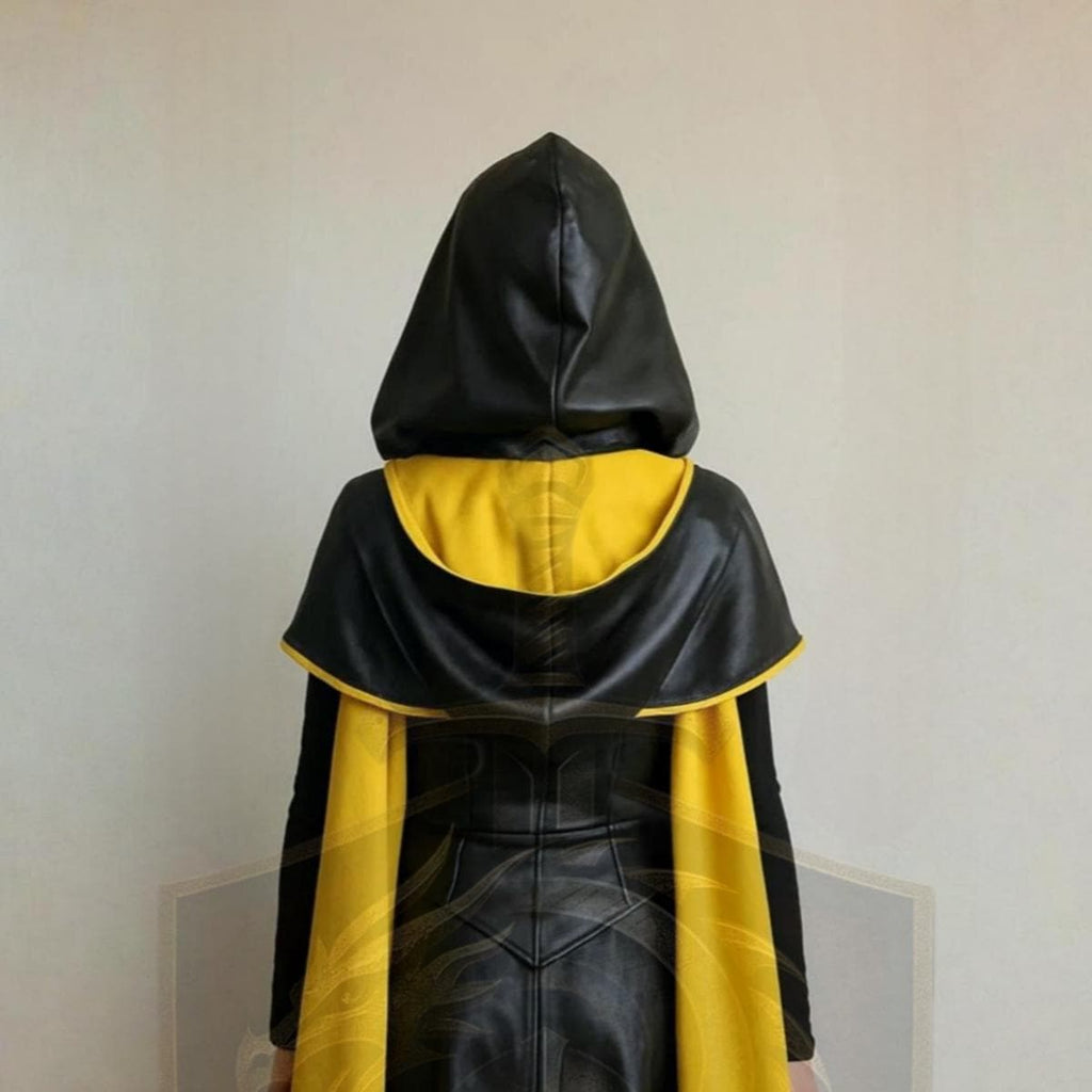 Black Yellow Hooded Leather Cape | Medieval Warrior Cosplay Costume | Gothic Women’s Fantasy Cloak