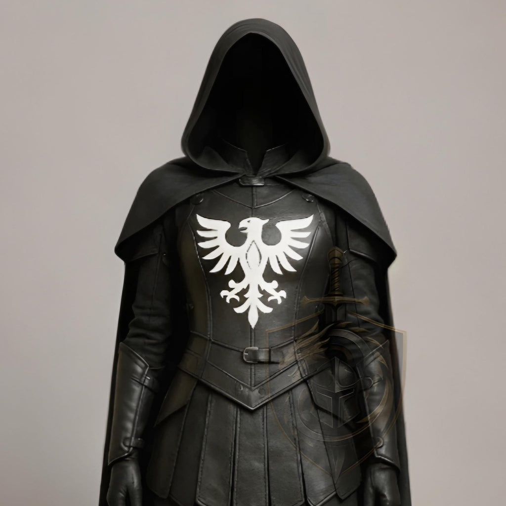 Medieval Knight Cloak Hooded Black Cape Leather Armor White Eagle Crest LARP Cosplay Costume