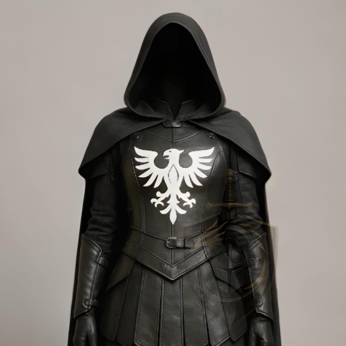 Medieval Knight Cloak Hooded Black Cape Leather Armor White Eagle Crest LARP Cosplay Costume