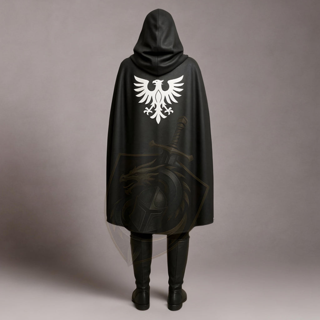 Medieval Knight Cloak Hooded Black Cape Leather Armor White Eagle Crest LARP Cosplay Costume