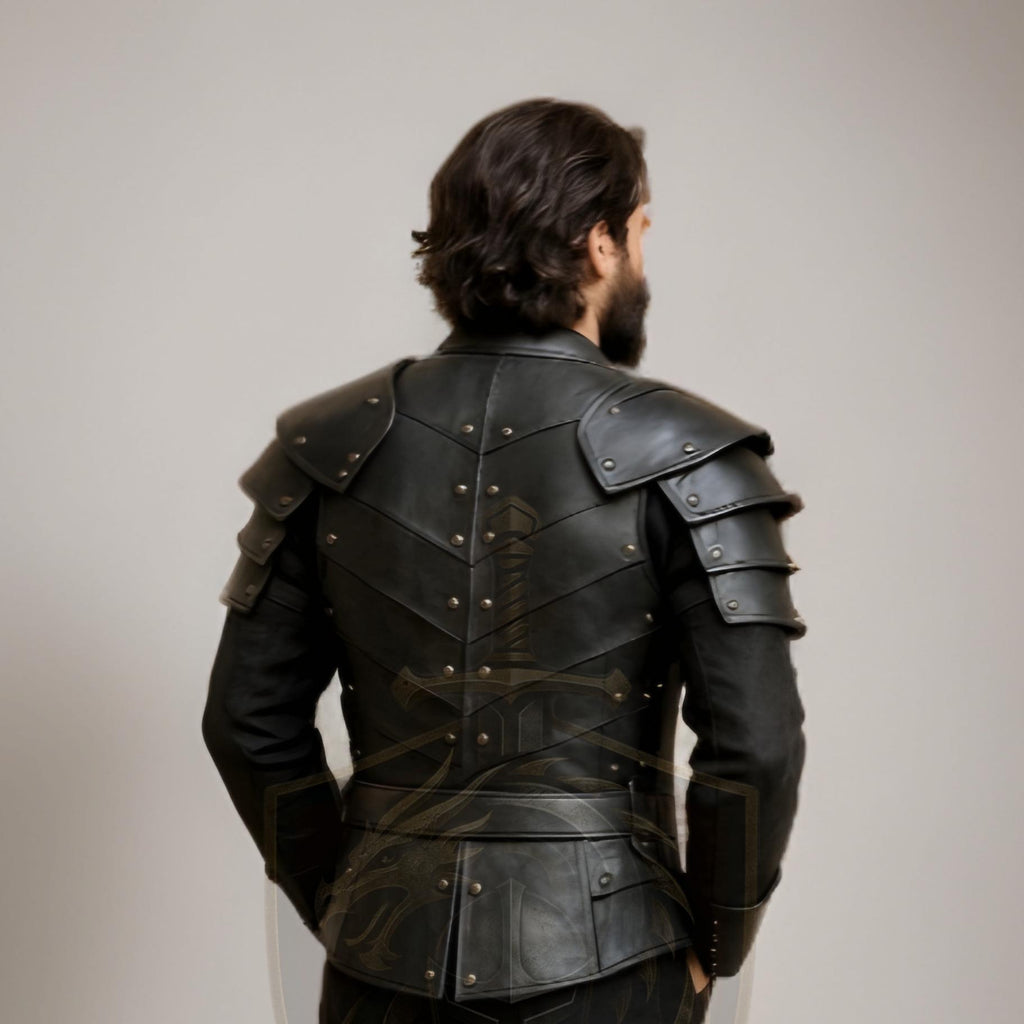 Men’s Black Leather Casual Armor Jacket | Modern Knight Streetwear Coat With Shoulder Pauldrons