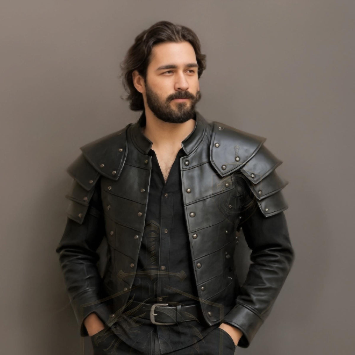 Men’s Black Leather Casual Armor Jacket | Modern Knight Streetwear Coat With Shoulder Pauldrons