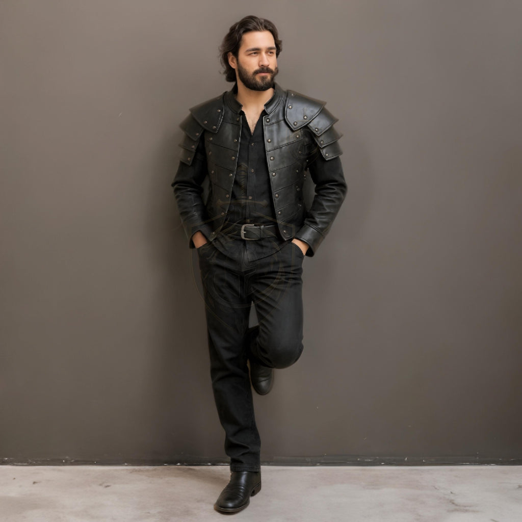 Men’s Black Leather Casual Armor Jacket | Modern Knight Streetwear Coat With Shoulder Pauldrons