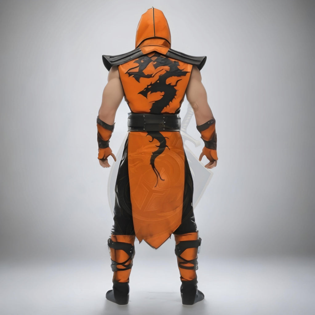 Scorpion Mortal Kombat Cosplay Costume | Men’s Orange Ninja Warrior Outfit | Leather Armor Halloween