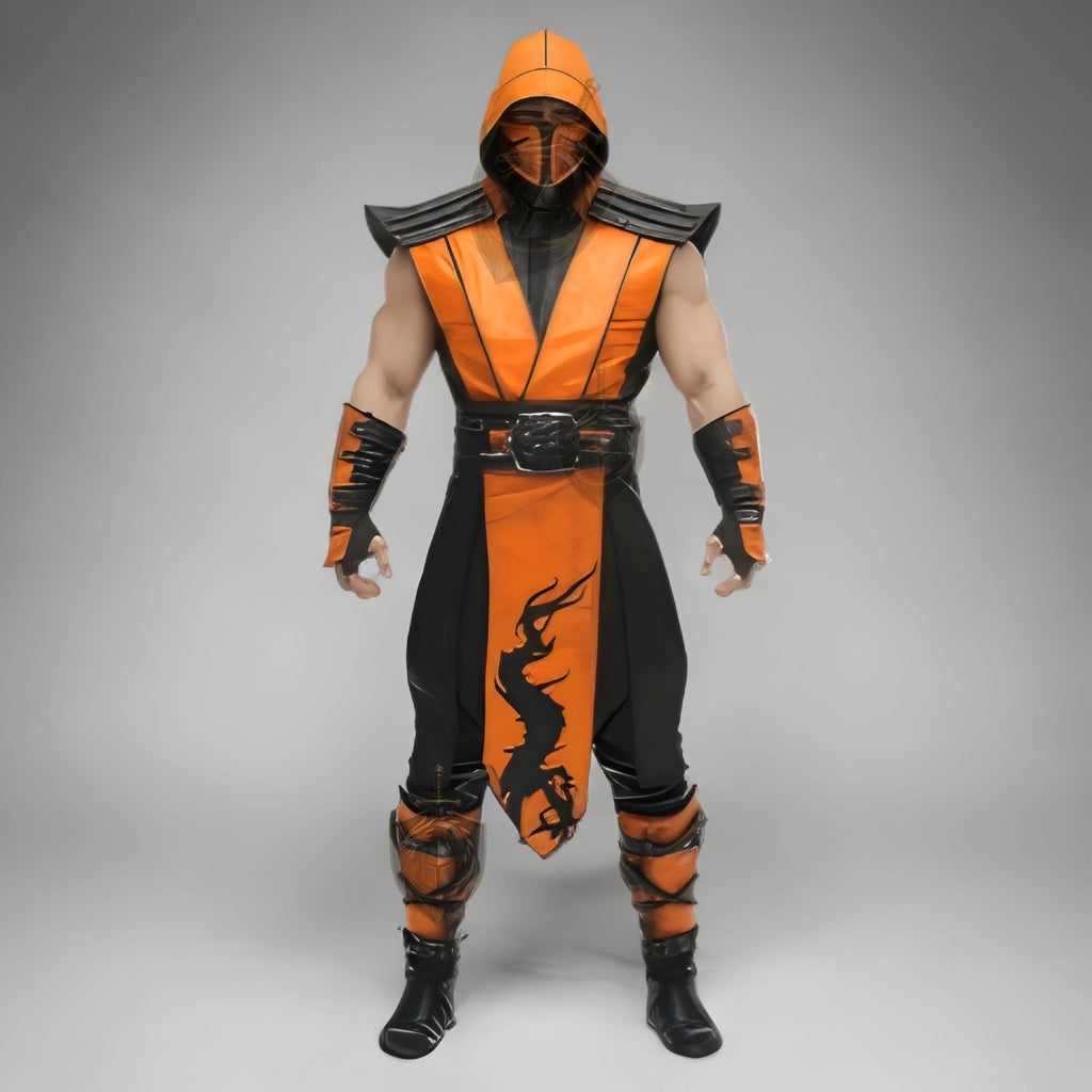 Scorpion Mortal Kombat Cosplay Costume | Men’s Orange Ninja Warrior Outfit | Leather Armor Halloween