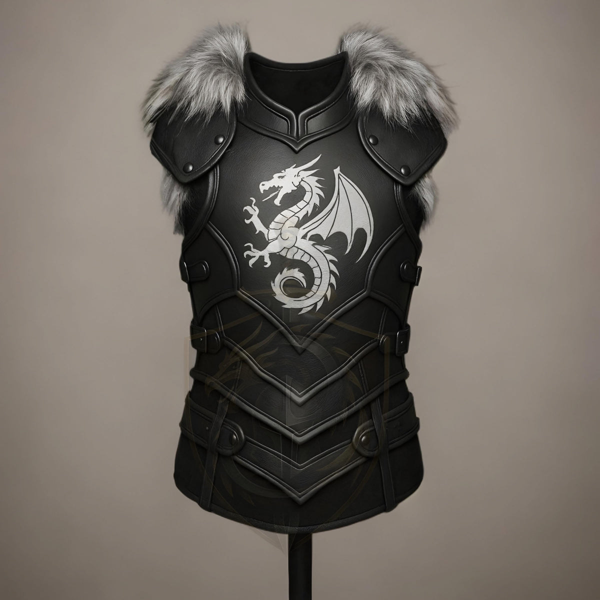 Medieval Black Leather Dragon Chest Armor with Fur Shoulders | Fantasy LARP Cosplay Costume Outfit