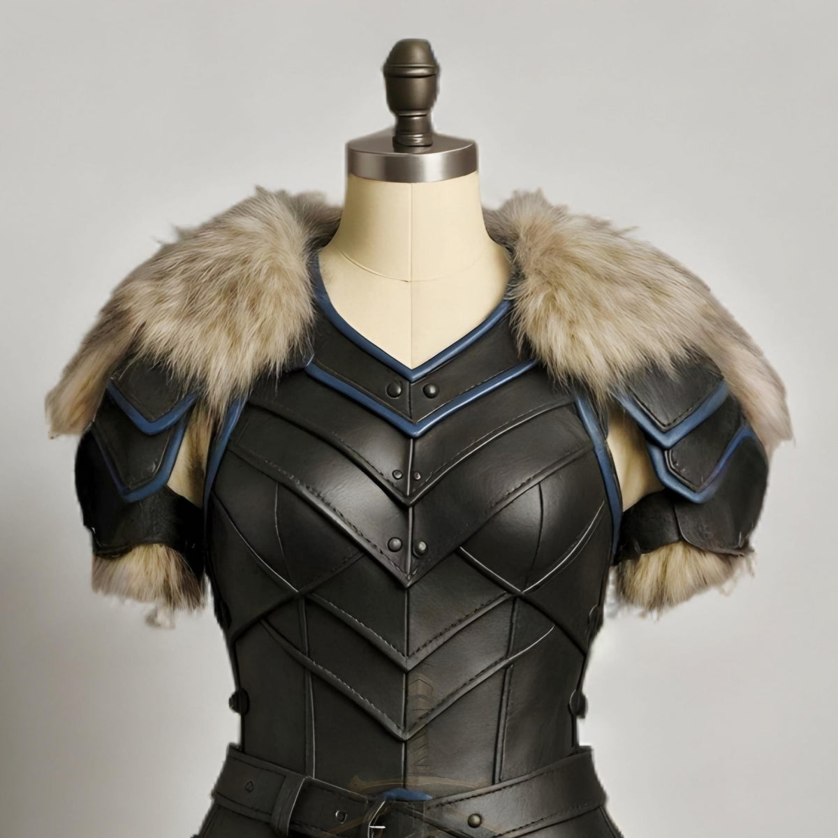 Women’s Medieval Leather Armor Set with Fur Shoulders | Blue Trim Viking Warrior Cosplay Dress