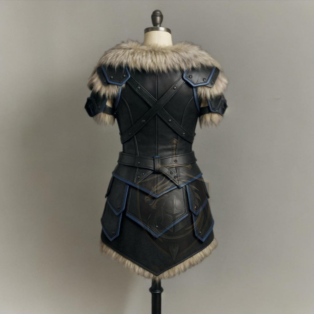 Women’s Medieval Leather Armor Set with Fur Shoulders | Blue Trim Viking Warrior Cosplay Dress
