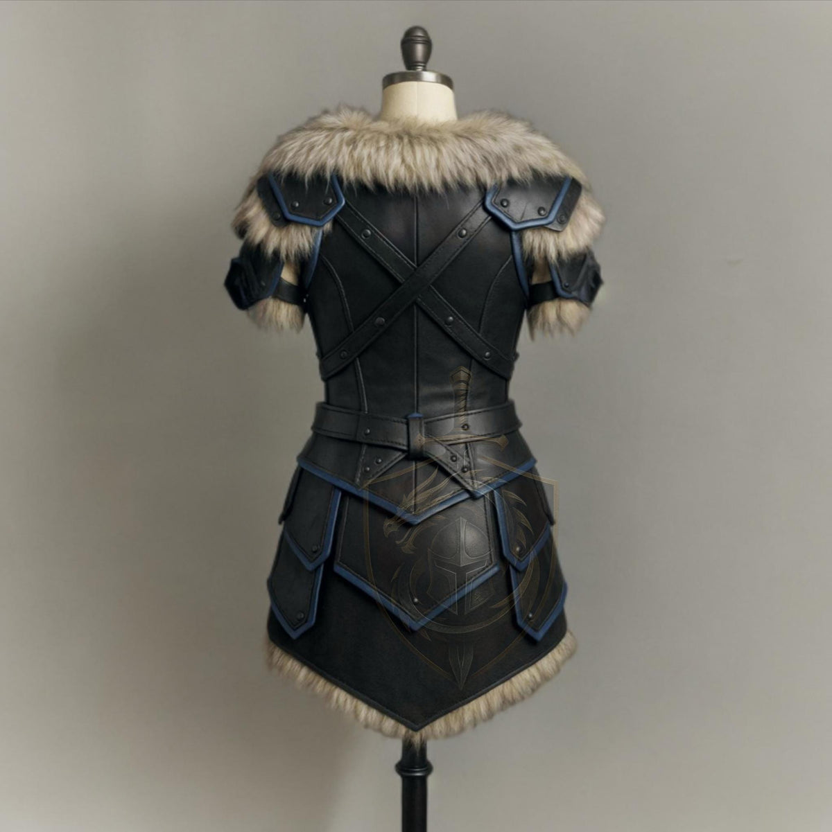 Women’s Medieval Leather Armor Set with Fur Shoulders | Blue Trim Viking Warrior Cosplay Dress