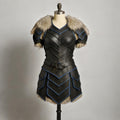 Women’s Medieval Leather Armor Set with Fur Shoulders | Blue Trim Viking Warrior Cosplay Dress