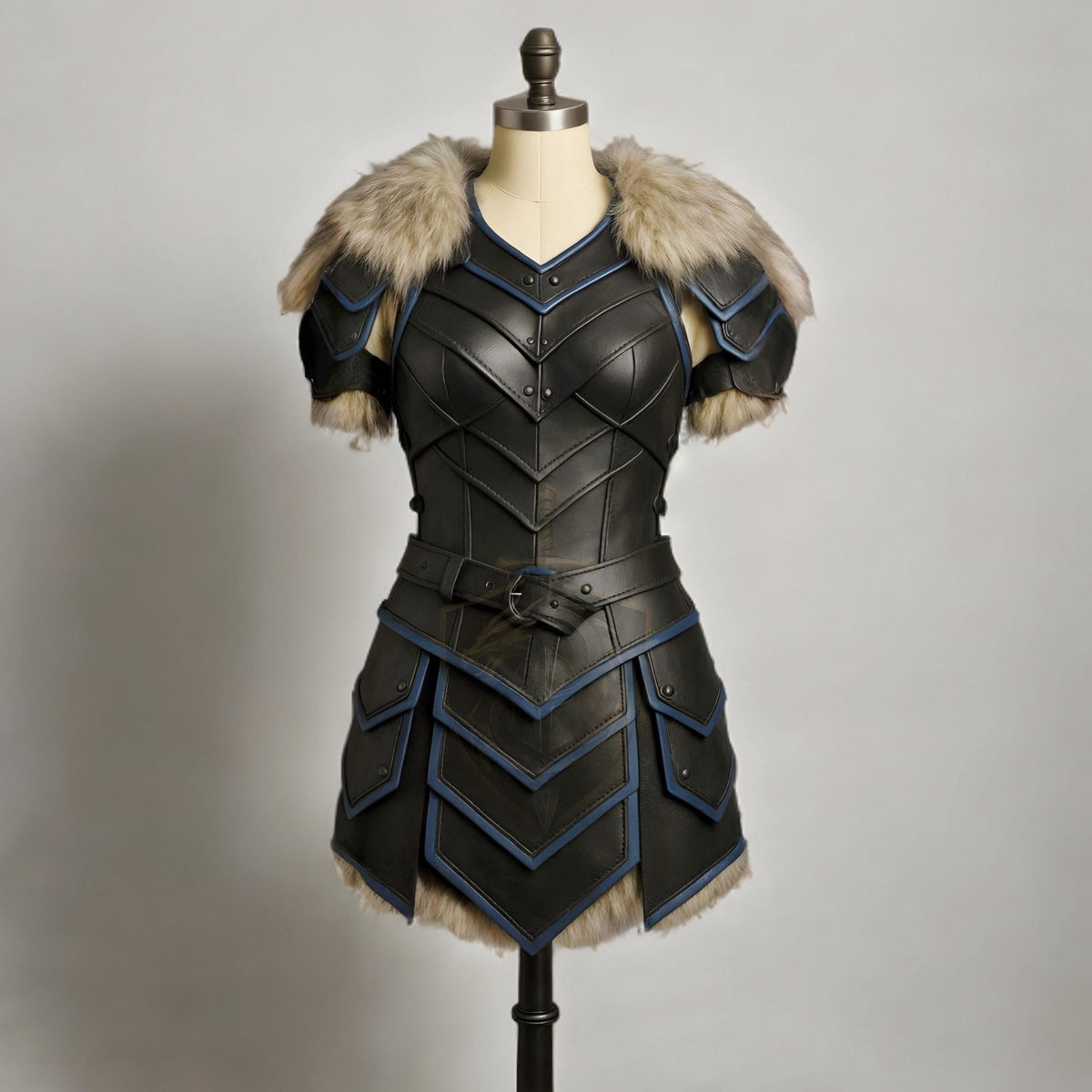 Women’s Medieval Leather Armor Set with Fur Shoulders | Blue Trim Viking Warrior Cosplay Dress