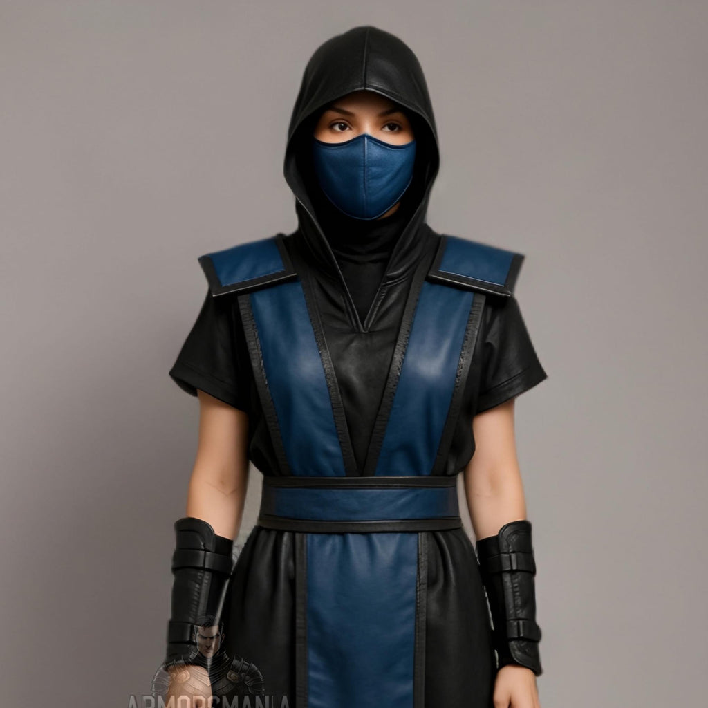 Women's Blue Black Ninja Costume | Mortal-Inspired Leather Cosplay Armor | Halloween Hooded Outfit