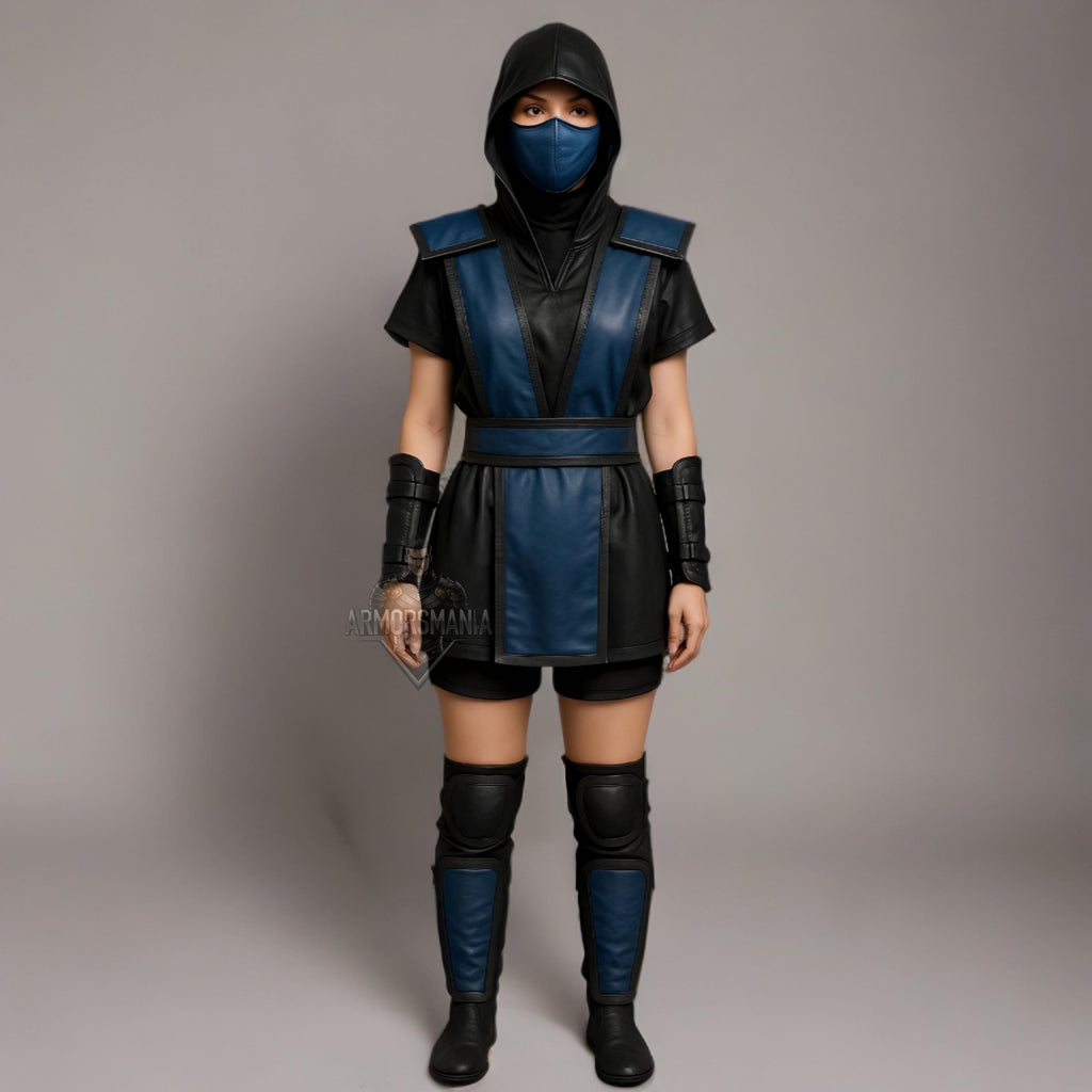 Women's Blue Black Ninja Costume | Mortal-Inspired Leather Cosplay Armor | Halloween Hooded Outfit