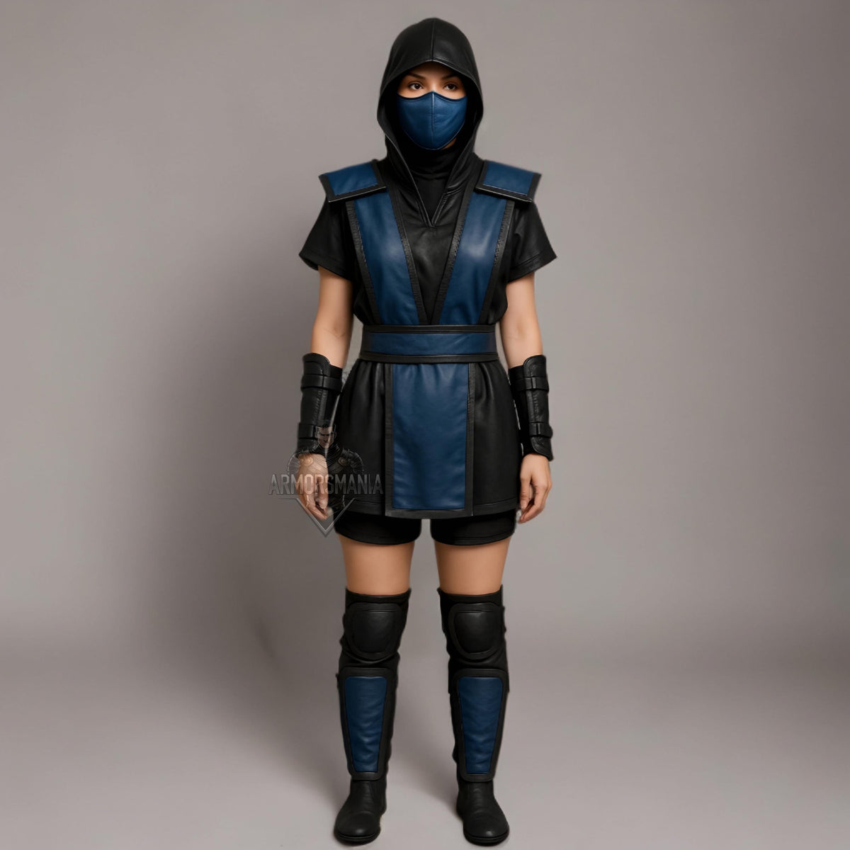 Women's Blue Black Ninja Costume | Mortal-Inspired Leather Cosplay Armor | Halloween Hooded Outfit
