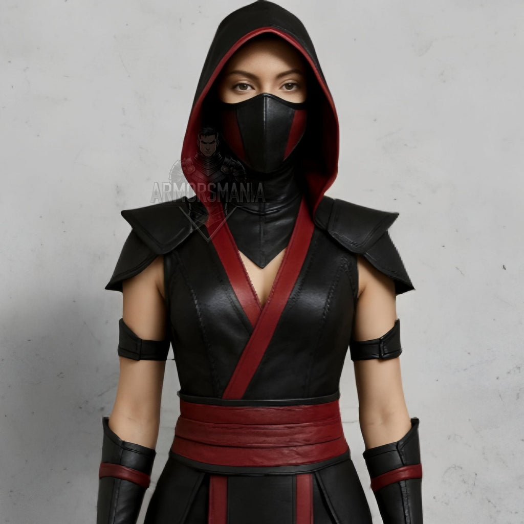 Women’s Ninja Costume | Black & Red Hooded Cosplay Outfit | Mortal-Inspired Halloween Leather Armor