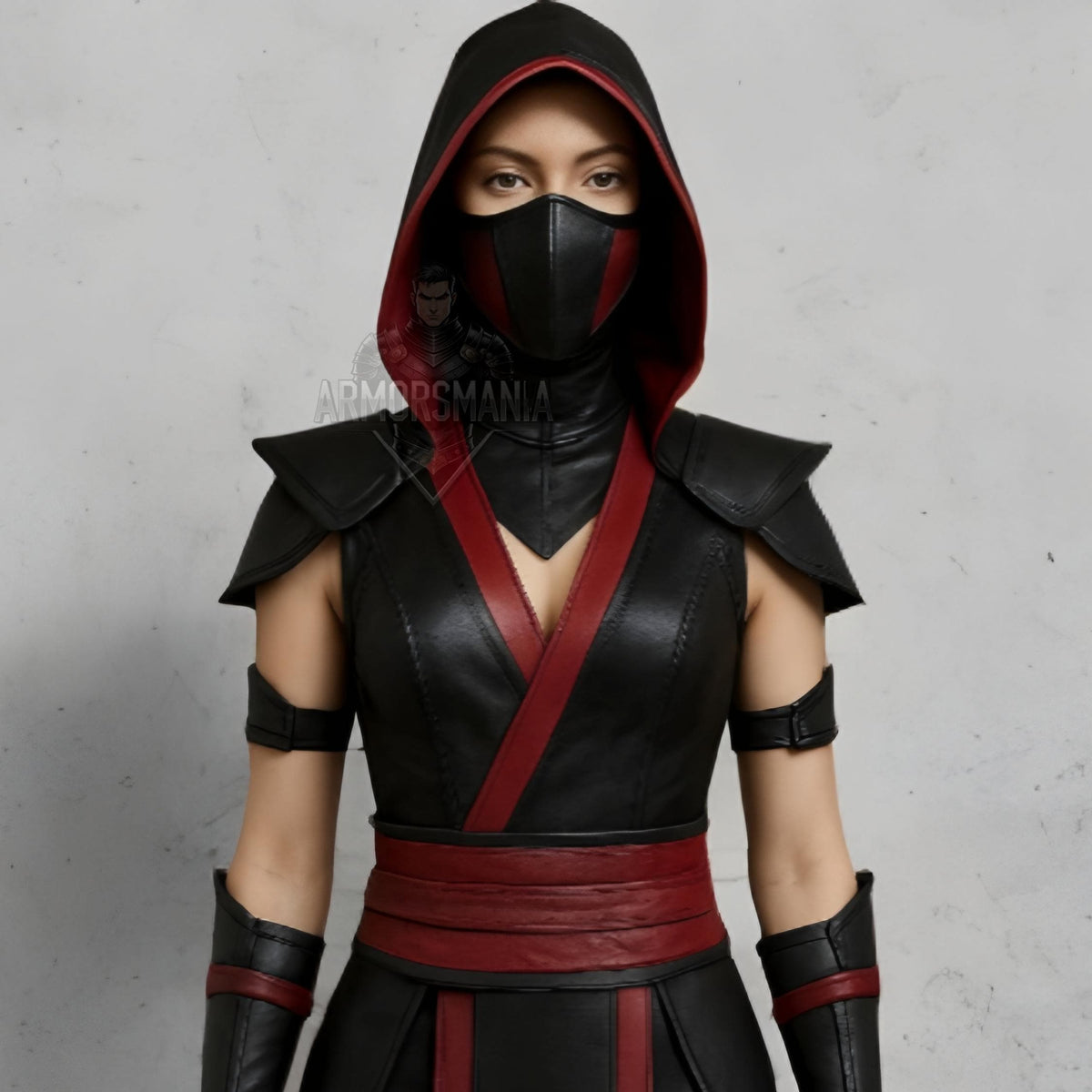 Women’s Ninja Costume | Black & Red Hooded Cosplay Outfit | Mortal-Inspired Halloween Leather Armor