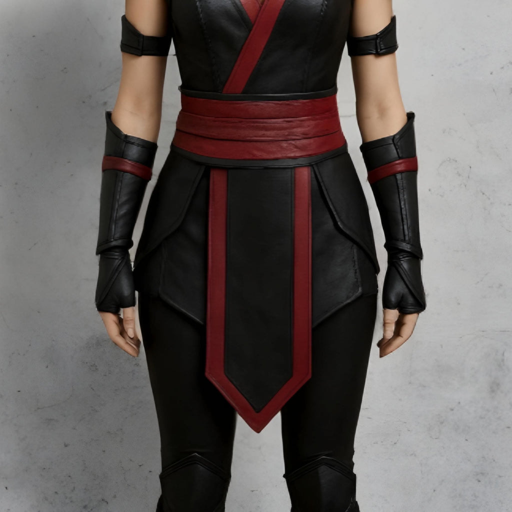Women’s Ninja Costume | Black & Red Hooded Cosplay Outfit | Mortal-Inspired Halloween Leather Armor