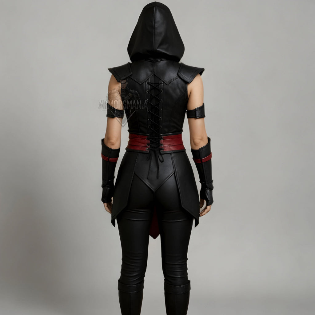 Women’s Ninja Costume | Black & Red Hooded Cosplay Outfit | Mortal-Inspired Halloween Leather Armor