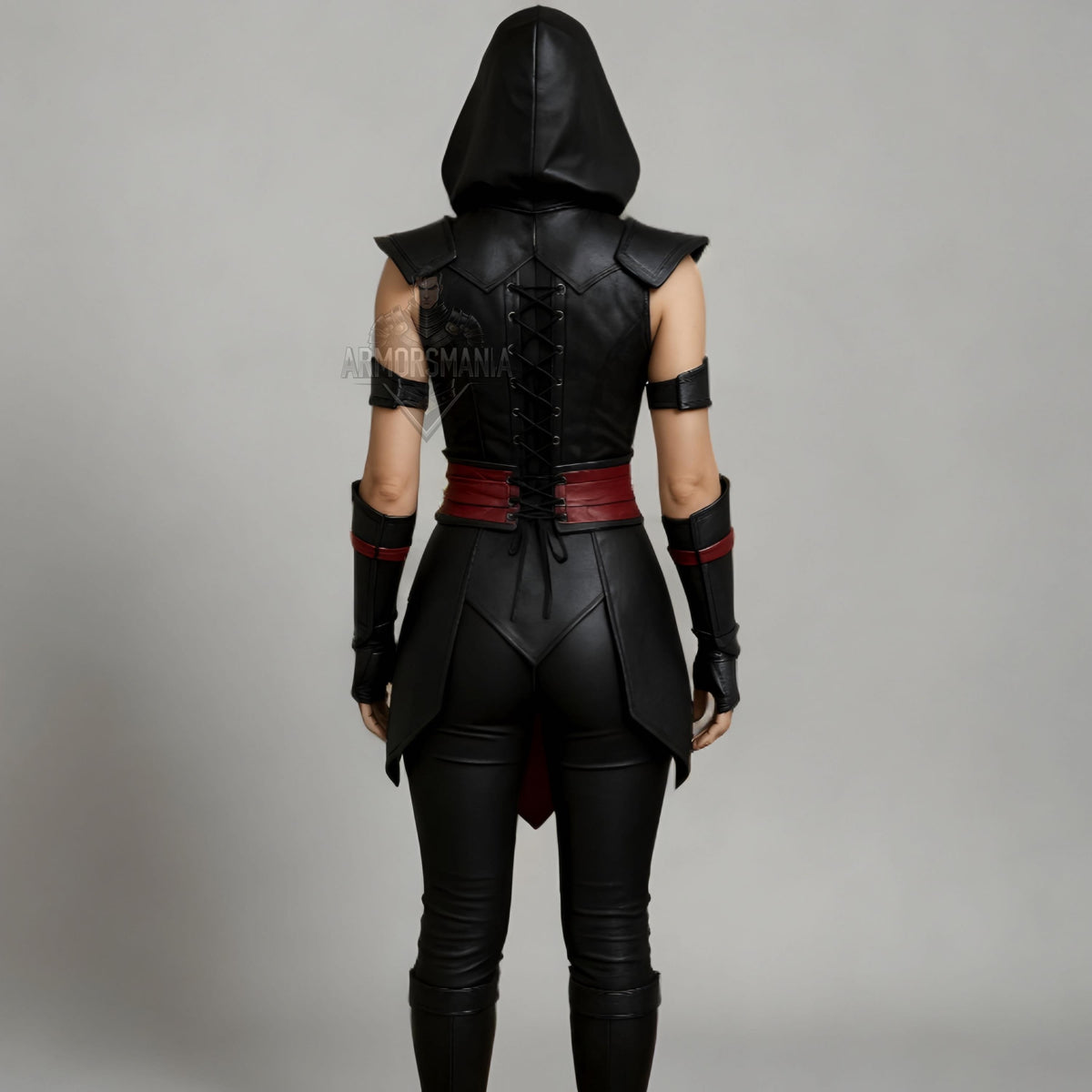 Women’s Ninja Costume | Black & Red Hooded Cosplay Outfit | Mortal-Inspired Halloween Leather Armor