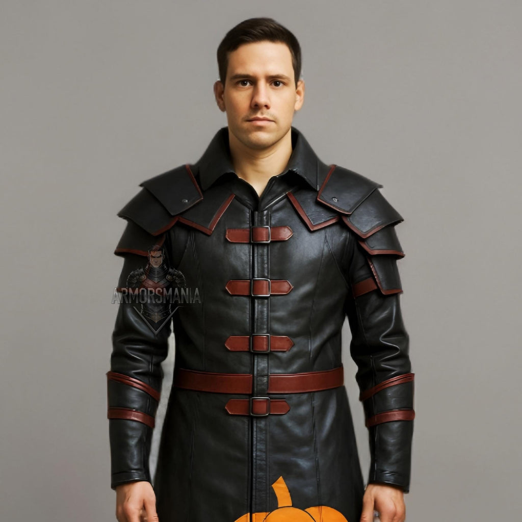 Halloween Pumpkin Leather Trench Coat | Gothic Medieval Armor Costume | Steampunk Cosplay Jacket