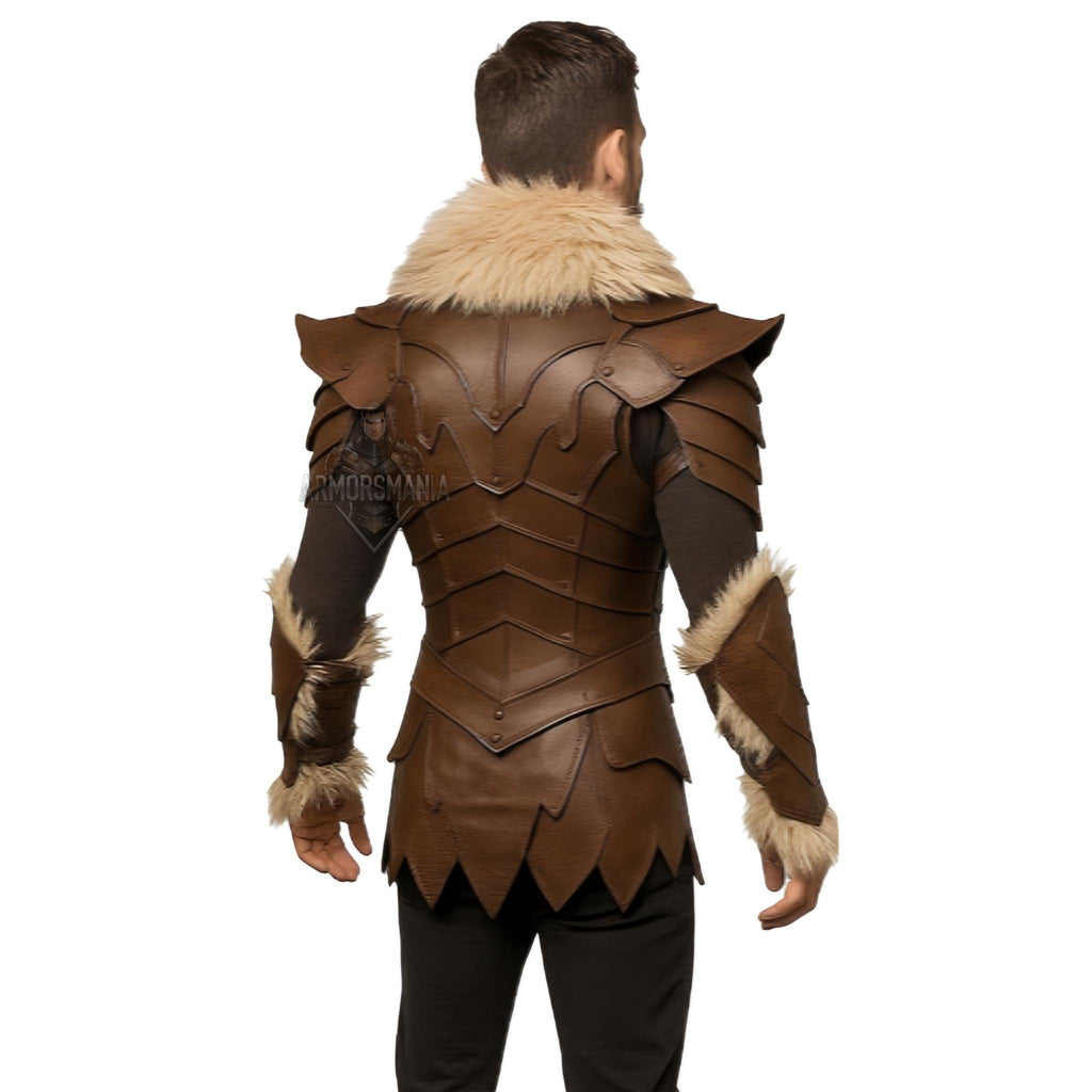 Genuine Leather Viking Armor with Fur Trim | Medieval Cosplay Chestplate & Bracers Outfit