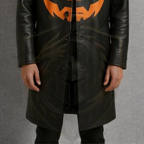 Halloween Pumpkin Face Leather Trench Coat | Men's Gothic Long Black Jacket | Cosplay Costume