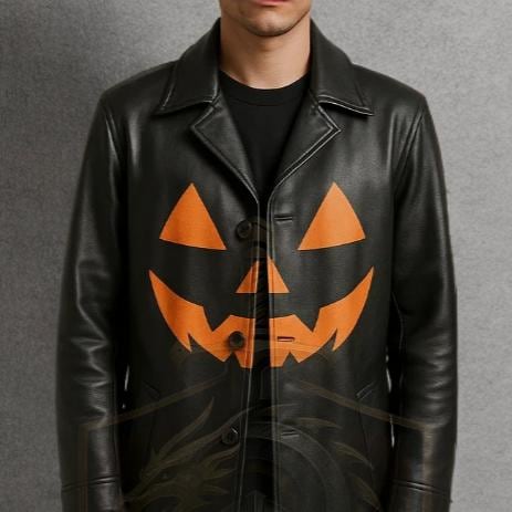 Halloween Pumpkin Face Leather Trench Coat | Men's Gothic Long Black Jacket | Cosplay Costume