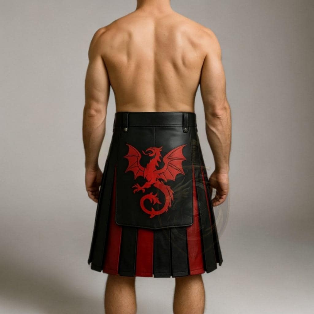 Dragon Warrior Leather Kilt | Gothic Red Black Utility Kilt for Men Cosplay Outfit