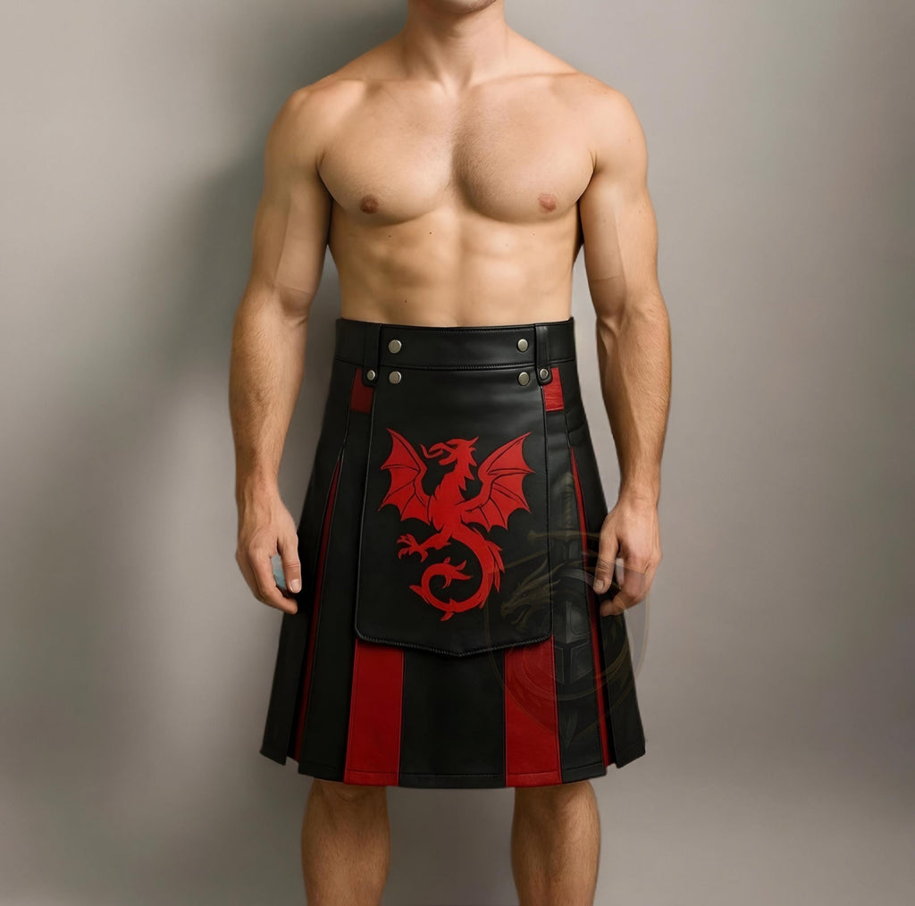 Dragon Warrior Leather Kilt | Gothic Red Black Utility Kilt for Men Cosplay Outfit