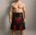 Dragon Warrior Leather Kilt | Gothic Red Black Utility Kilt for Men Cosplay Outfit