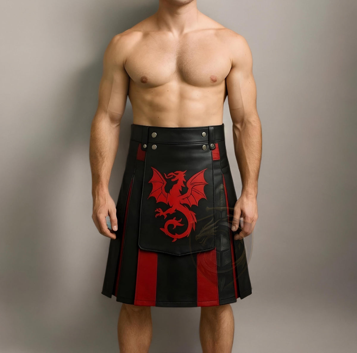 Dragon Warrior Leather Kilt | Gothic Red Black Utility Kilt for Men Cosplay Outfit