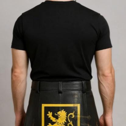 Men’s Black Yellow Leather Kilt with Lion Crest | Scottish Warrior Gothic Cosplay Outfit