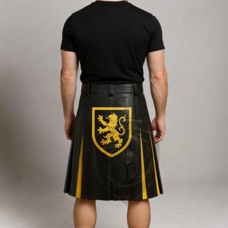 Men’s Black Yellow Leather Kilt with Lion Crest | Scottish Warrior Gothic Cosplay Outfit