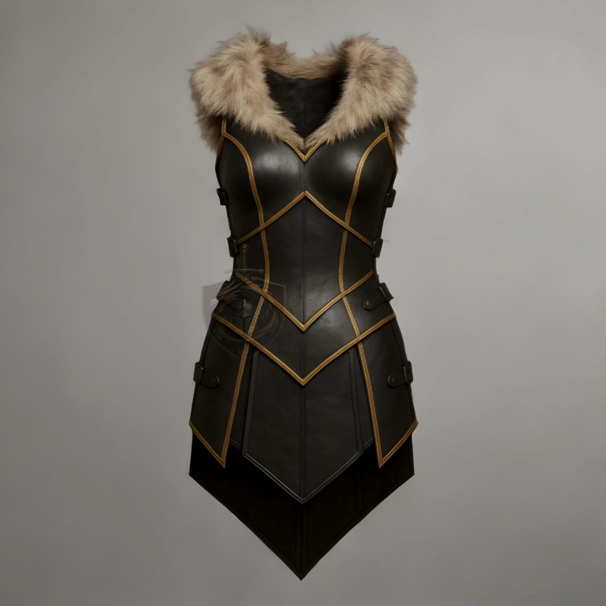 Viking Leather Armor Dress Women | Fantasy Warrior Costume with Fur Collar | Medieval LARP Outfit