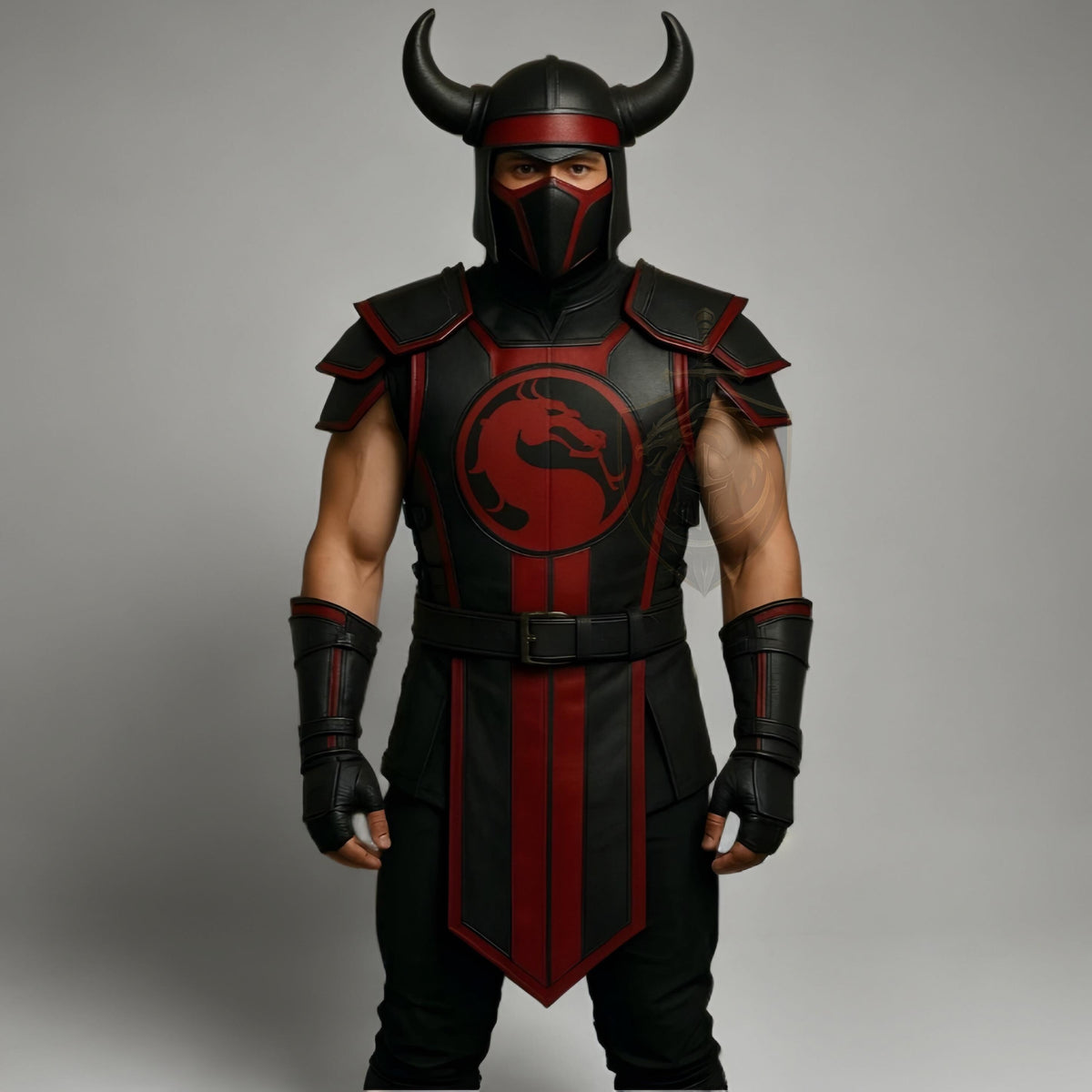 Mortal Kombat Inspired Ninja Warrior Leather Armor | Black Red Dragon Emblem Cosplay Halloween Costume