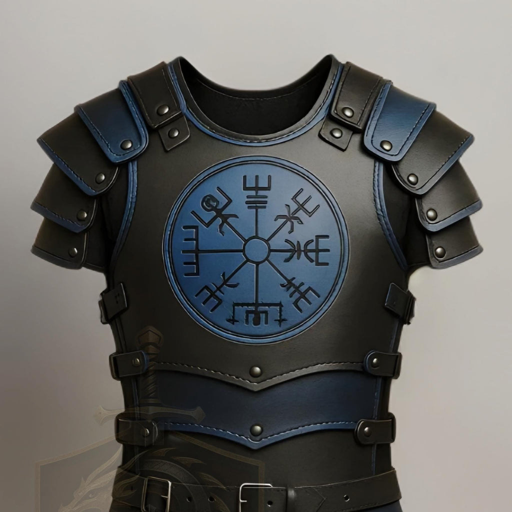 Black Blue Viking Leather Armor with Vegvisir Norse Compass | Medieval LARP Cosplay Costume