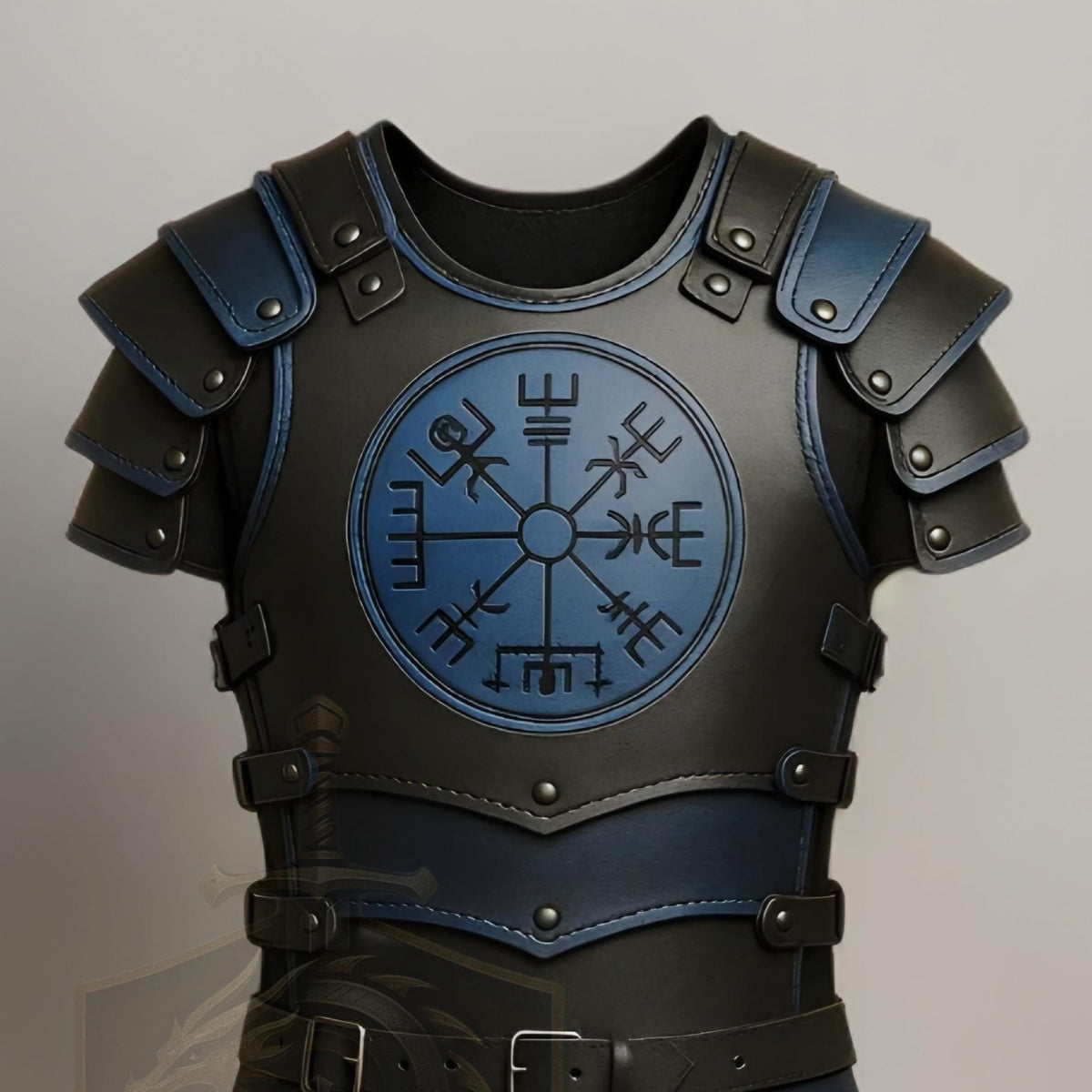 Black Blue Viking Leather Armor with Vegvisir Norse Compass | Medieval LARP Cosplay Costume