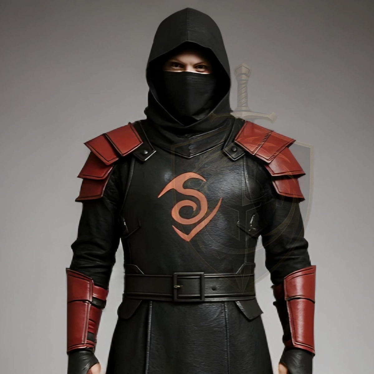 Assassin Cosplay Leather Costume | Ninja Warrior Outfit | Medieval LARP Armor Black Red Robe