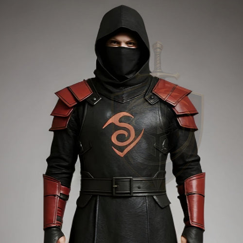 Assassin Cosplay Leather Costume | Ninja Warrior Outfit | Medieval LARP Armor Black Red Robe