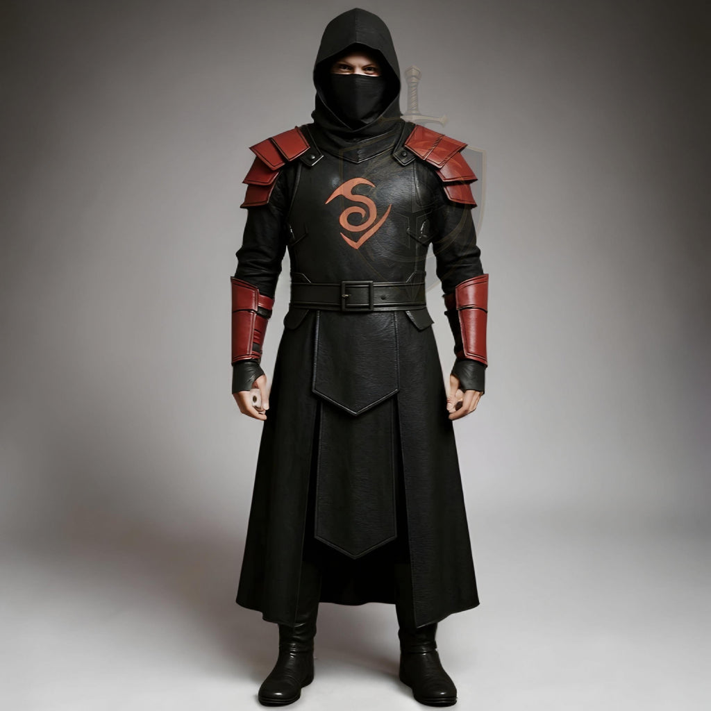 Assassin Cosplay Leather Costume | Ninja Warrior Outfit | Medieval LARP Armor Black Red Robe