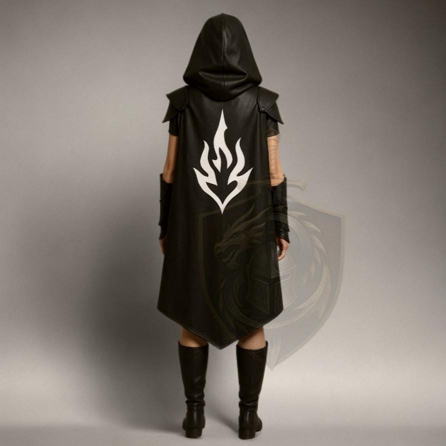Handcrafted Black Leather Hooded Cloak | Medieval Fantasy Cosplay Cape with White Flame Emblem