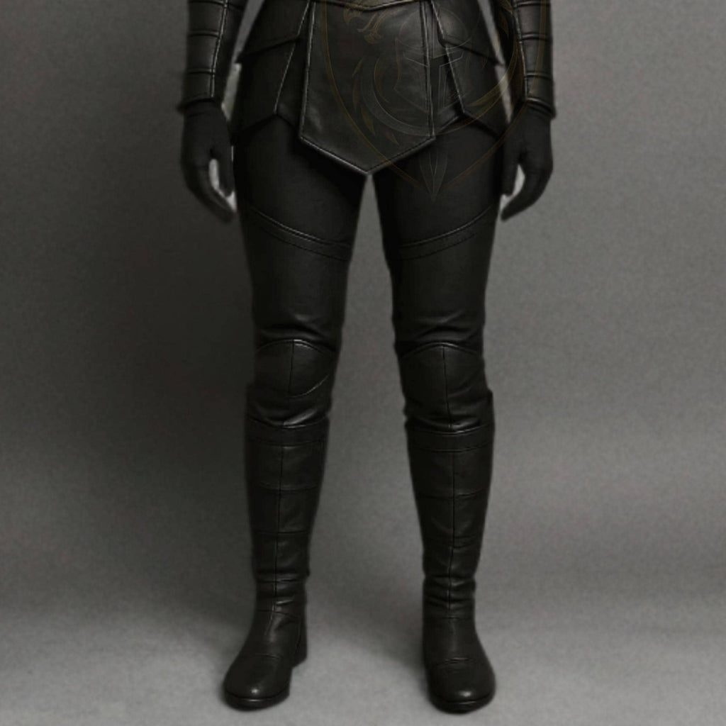 Women's Black Ninja Assassin Leather Cosplay Costume Hooded Samurai Armor Outfit with Shuriken Emblem