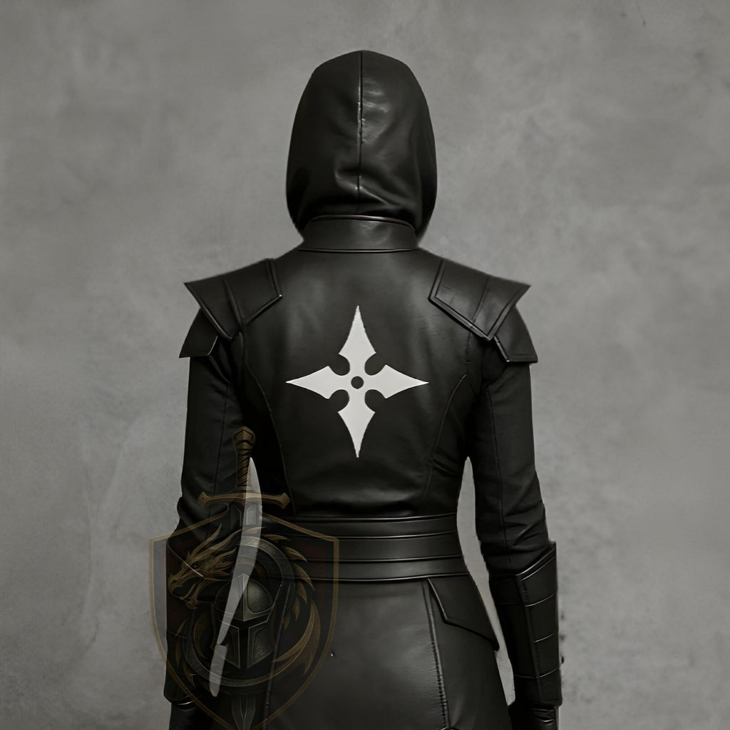 Women's Black Ninja Assassin Leather Cosplay Costume Hooded Samurai Armor Outfit with Shuriken Emblem